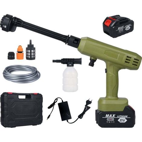 Pistolet à eau électrique nettoyeur haute pression sans fil 2 pièces batterie 21 V 3000 mAh avec buse 6 en 1 pour voitures, mur, route, clôture, lavage de cour, fleurs (1/4)
