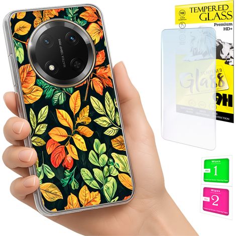 Coque Honor Magic7 Lite avec motif photo, arrière décoré de feuilles et verre trempé. (1/5)