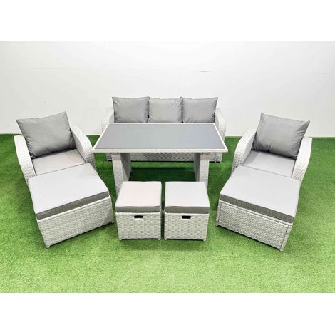 Fimous 9 Seater Patio Garden Furniture Sets with Black Glass Top Dining Table Love Sofa 4 Stools Light Grey (1/4)