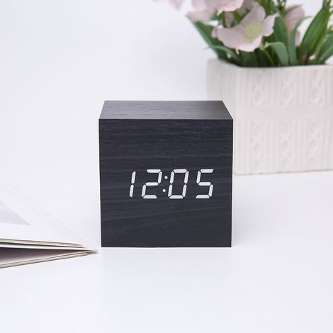 Kindfiber OÜ-Réveil numérique LED, horloge cube en bois, horloge de bureau en bois, réveil en bois, horloge numérique cube à commande vocale pour chambre (noir) (1/3)