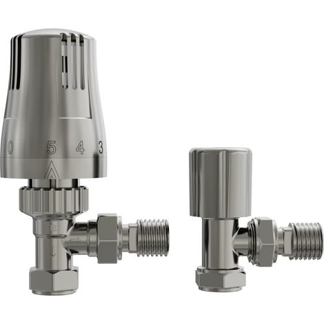 NRG Satin Nickel Thermostatic Angled TRV & Lockshield Radiator Valves Set 1/2"x15mm (1/3)