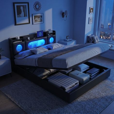 Lit coffre 160x200 cm - sommier à lattes,hydraulique,avec éclairage led & charge usb - velours - noir (1/5)