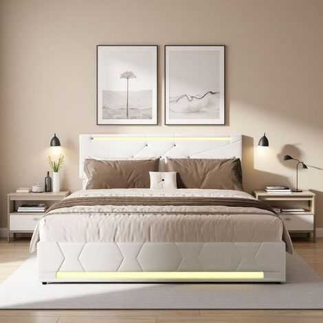 Bettkasten 140x200 cm - TANANT - Gepolstert - Integrierte LED - Höhenverstellbar - Beige