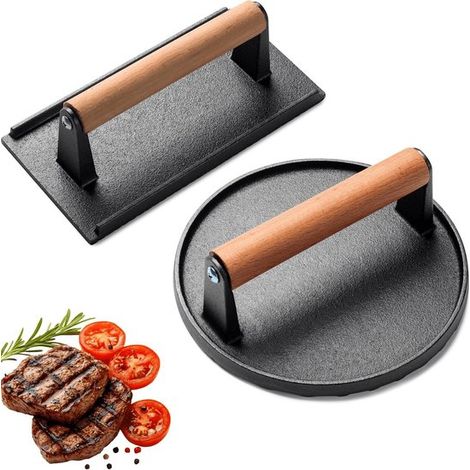 Prensa para parrilla de hierro fundido de 2 piezas, Prensa para hamburguesas de hierro fundido, parrilla de hierro fundido, Color negro, madera (1/5)