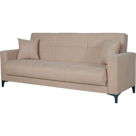 Divano Letto 3 Posti Con Cassettone Contenitore Imbottitura A Molle E Cuscini Inclusi Trasformabile in Letto Per Salotto Zona Living 212 x 87 x 90 Cm Colore Beige