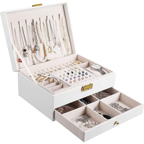 bote Bijoux Femme, 2 Niveaux Rangement Bijoux Voyage Fille En Cuir Pu, Organisateur Bijoux Et Prsentoirs Coffret Pour Bagues, Boucles D'oreilles, (1/5)
