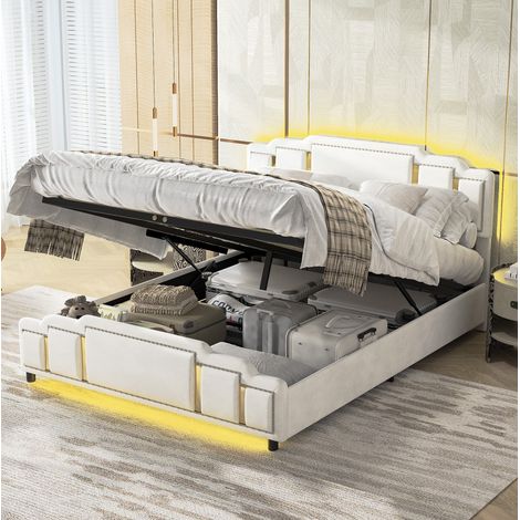 Doppelbett 160x200 cm Beige Samt mit Hydraulik, LED-Beleuchtung, Stauraum und gepolstertem Kopfteil (1/5)