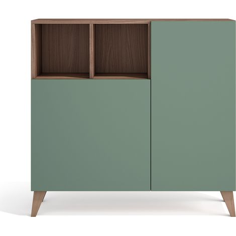 Meuble à chaussures scandinave en mélamine – Noyer avec portes vertes – 5 tablettes ajustables – Capacité 10-12 paires – Herdasa (1/4)