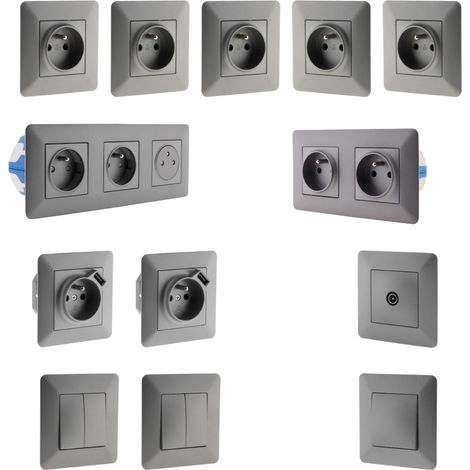 Zenitech – Set de 2 interrupteurs va-et-vient 16A – Prise triple affleurante 2P+T – Prise avec port USB 2.4A – Prise TV Ø9,52mm