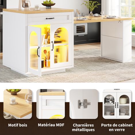 Isoloir de cuisine extensible, avec éclairage LED. Meuble de cuisine moderne, doté de 2 tiroirs et d’étagères réglables. Meuble de rangement avec des portes en verre à encoches. (1/5)