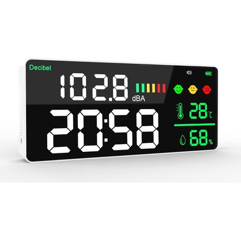 Medidor de Decibelios Medidor de de Sonido para Colgar en la Pared Rango de 30-130dB Pantalla LED Grande de 11 Pulgadas Tiempo de Ruido Temperatura(℃) Humedad para casa, escuela, hospital