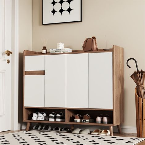 Meuble à Chaussures - 120x35x99cm - Buffet de Rangement avec 4 Portes et Tiroir - Blanc et Naturel (1/5)