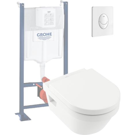 Inodoro suspendido sin borde VILLEROY ET BOCH Architectura + asiento + estructura soporte GROHE + mando blanco