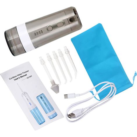 Tragbares Mundduschegerät mit 4 Modi, 200 ml Wassertank zur Zahnreinigung, 5 Aufsätzen, IPX7 wasserdicht, USB-aufladbar.