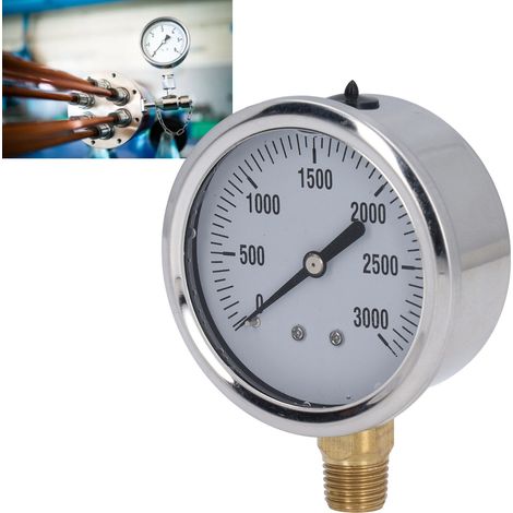 Hochdruck-Hydraulikmanometer, gefüllt mit flüssigem Glycerin (3000 psi), 2,5-Zoll-Zifferblatt, 1/4-Zoll-NPT-Gewinde, Edelstahl, für Luft-, Wasser- und Öldruckprüfungen. (1/5)