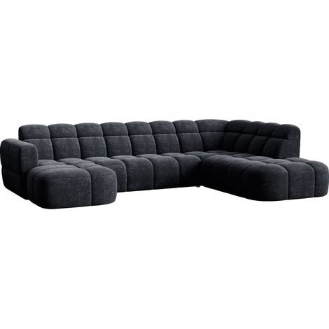 Mobilier Deco – Canapé panoramique tissu noir – Angle gauche – Longueur généreuse – Assises profondes et moelleuses – Style contemporain