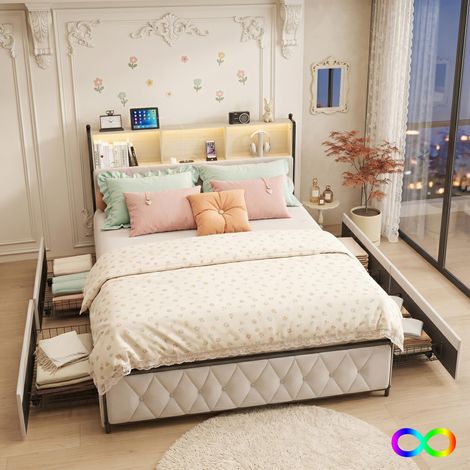 Lit adulte 140x190 cm Beige avec 4 Tiroirs - lit double capitonné avce LED, Ports USB et Type-C - Sommier à Lattes Inclus, tissu en velours -Design Moderne