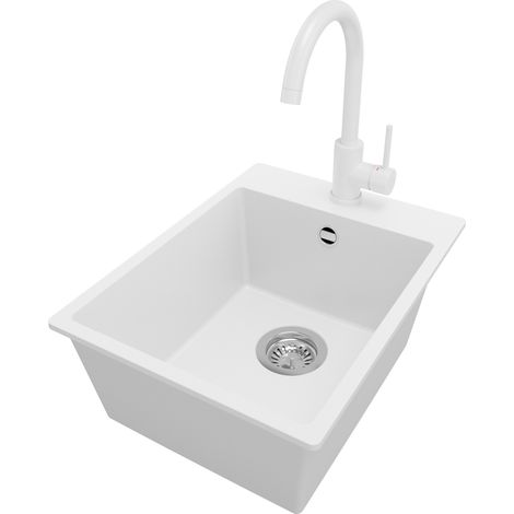 PRIMAGRAN Evier Cuisine en Granit 38x50cm, Lavabo 1 bac + Robinet 32x20cm + Kit de Vidage, Évier à Encastrer au meuble 40cm - Riga, Blanc (1/5)