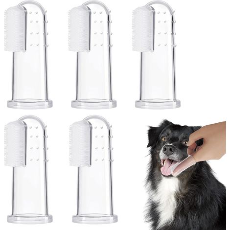 Kit de nettoyage dentaire pour chien en 5 pièces, brosse à dents à doigt, convient aux chats, chiens et chiots, avec des poils en silicone. (1/4)