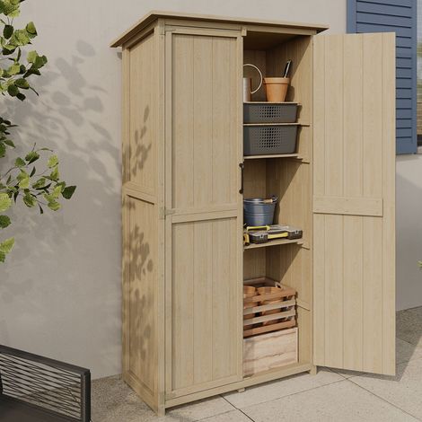 Armario de jardín de madera de 90 x 50 x 160 cm con techo inclinado, puerta doble y estantes (1/5)