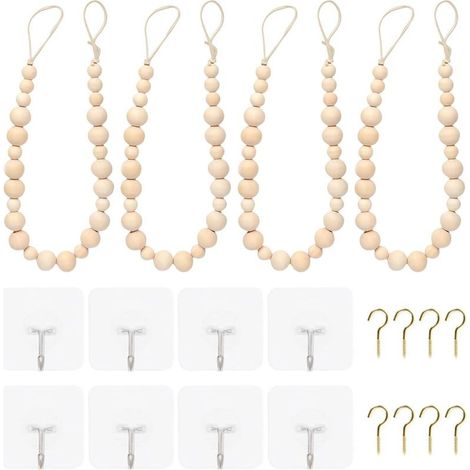 Lot de 4 embrasses de rideaux en perles de bois faites à la main en corde de coton pour chambre élégante charme naturel (1/4)