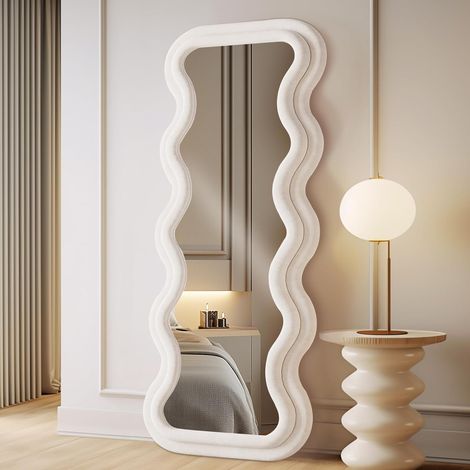 Long miroir de sol ou mural pleine longueur 160x60 cm avec cadre ondulé en flanelle ivoire, pour chambre et entrée, à adosser ou accrocher (1/5)