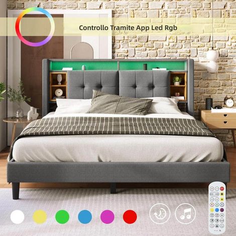 Letto matrimoniale imbottito 160x200 cm con contenitore, USB, LED, struttura in legno e doghe - grigio (senza materasso) (1/5)