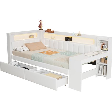 CHICFURN Cama diván 90x200 cm de MDF blanco con escritorio, LED, USB y 2 cajones (1/5)