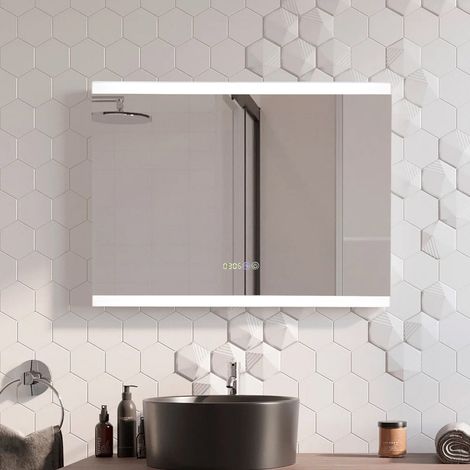 Rectangular Frameless Anti-Fog LED Vanity Mirror with Clock,80x60 (1/5)