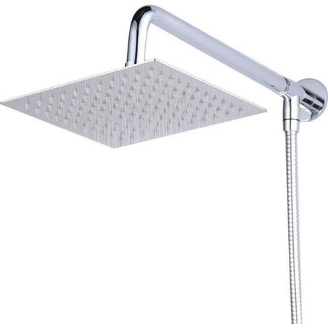 Pommeau de douche carré 40cm en acier inoxydable, finition chromée, avec bras et flexible