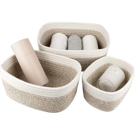 Lot de 3 Panier de rangement, Corde de coton tressée, 3 tailles, Étagères placards chambre (1/5)