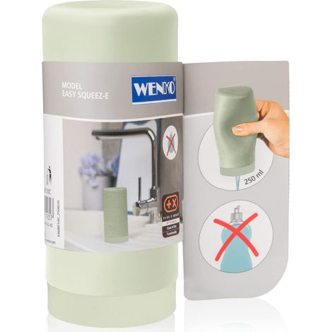 WENKO Dosatore di detersivo per piatti Easy Squeez-e, dispenser di qualità per detersivo per piatti in cucina, dosaggio semplice, dispenser in silicone antifuoriuscita, 250 ml, Ø 6 x 14 cm, verdino (1/5)