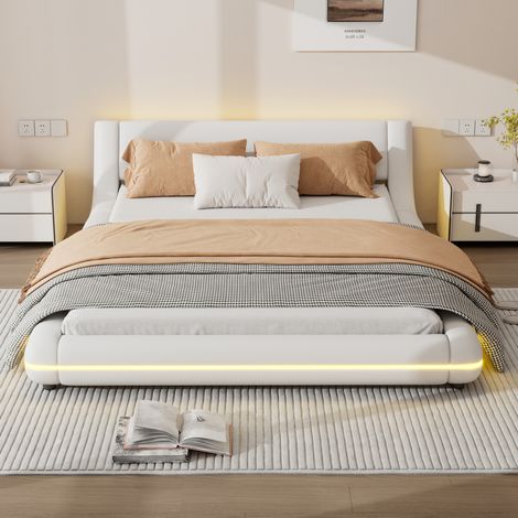 Letto a pavimento moderno in PU bianco 140x200 cm con testiera bassa, rete a doghe e LED ambientale (1/5)