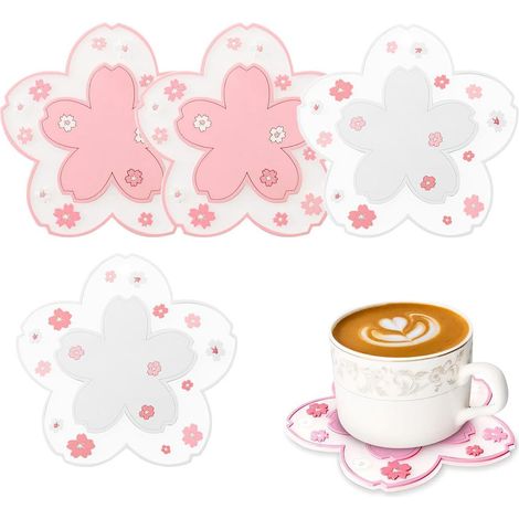 JSSEVN-4 posavasos de silicona, bonitos posavasos antideslizantes y lavables con estampado de flores de cerezo. (1/5)