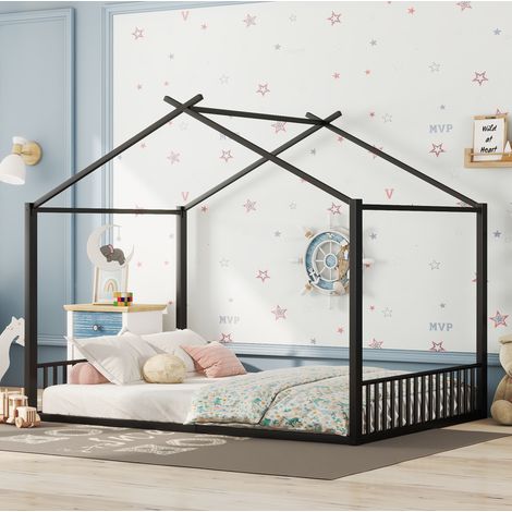 letto bambini 140x200 design casetta metallo nero OKMYHOME (1/5)