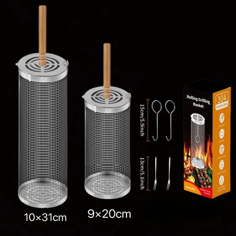 (Ensemble de 6 pièces) Panier à griller en forme de tambour en acier inoxydable 2 en 1 avec poignée en bois amovible, adapté aux grillades en extérieur. (1/5)