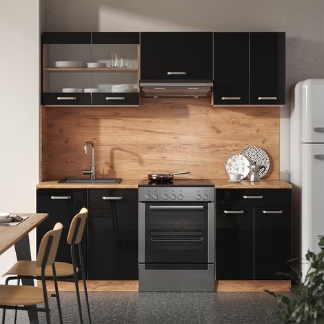 Cucina componibile R-Line, Rovere nero/oro lucido, 200 cm , PL Marmo, Vicco