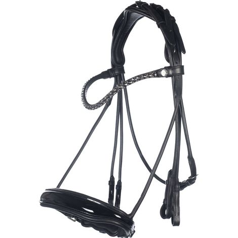 Briglia in cuoio con redini in cuoio e frontalino con brillanti neri modello Kate: cob, nero