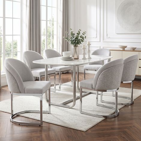 Lot de 6 chaises de salle à manger confortables et respirantes, idéales pour les restaurants, salons, cafés et autres lieux. Style moderne, pieds de chaise en acier galvanisé argenté, revêtement en ch (1/5)
