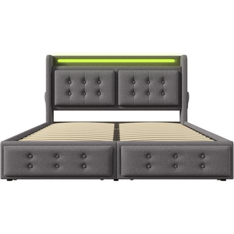 Letto matrimoniale imbottito 180x200 cm grigio con LED, USB-C e 4 cassetti (1/5)