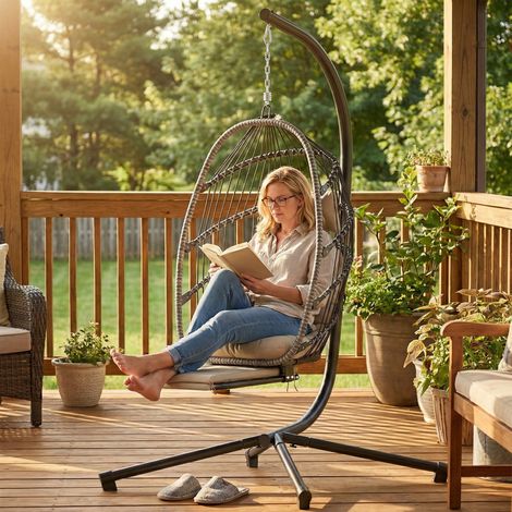 Silla colgante con soporte, silla colgante plegable con reposapiés retráctil, gris claro