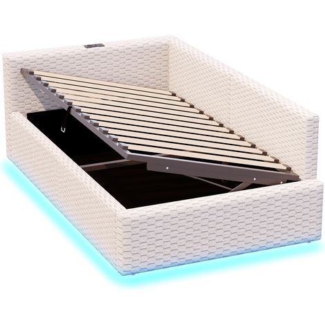 Letto contenitore imbottito 90 x 200 cm in velluto beige con LED, USB e porta Type-C (1/5)
