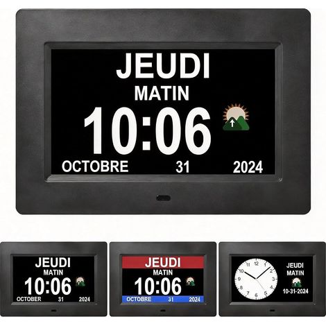 Horloge calendrier grand écran– écran 7 pouces lisible – auto-dimming – 12 alarmes – pour perte mémoire et seniors– facile à brancher – Noir (1/5)