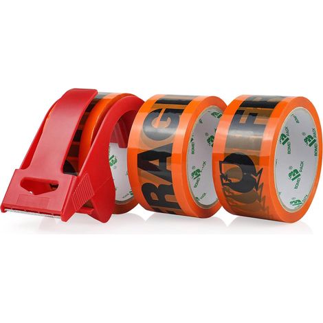 FRAGILE Orange Security Packing Tape 66m x 48mm - 3 Rolls with Dispenser Strong Adhesive for Parcel, Warehouse, E-Commerce (1/5)