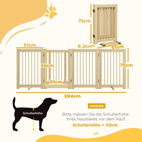 Barrière quatre panneaux naturel bois pliable pour chien 204x75cm porte deux pieds stabilisateurs, grille escalier cuisine couloir protection canine (1/5)