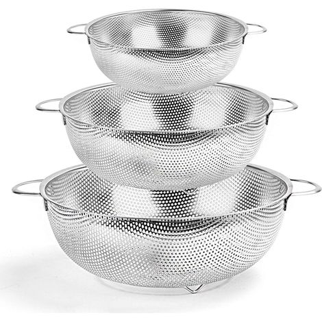 Tamis, Tamis cuisine inox 3 pièces avec poignée, passoire micro-perforée pour pâtes, légumes, fruits, riz, 16/22/28cm (1/5)