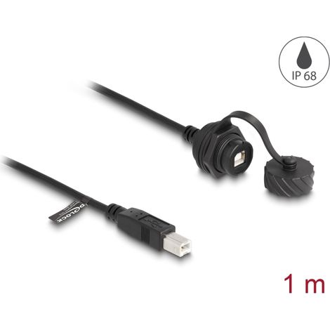 Delock Cable USB 2.0 Tipo-B macho a USB 2.0 Tipo-B hembra para instalaciÃ³n con bayoneta tapa protectora IP68 resistente al polvo y al agua 1 m negro