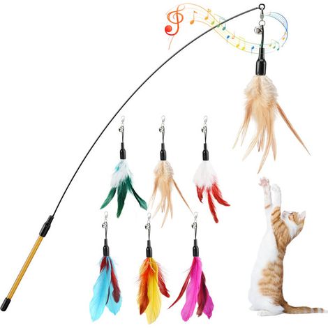Canne à pêche pour chat interactive avec 6 plumes de remplacement, jouet stimulant pour l'exercice et la chasse, tige flexible en métal et poignée ergonomique (1/5)