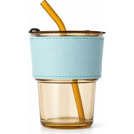 Verre en verre ambré 400 ml style bambou avec manchon bleu — verre à café et boissons avec protection isolante (1/5)