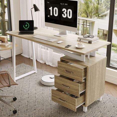 Scrivania con 3 cassetti 130 x 55 x 75 cm in MDF naturale e bianco (1/5)